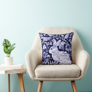 Elegant Navy Blue Bunny Rabbit Birds Dedham Delft Cushion