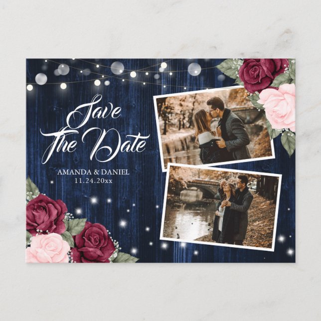 Elegant Navy Blue Burgundy Blush Wedding Photo Announcement Postcard (Front)