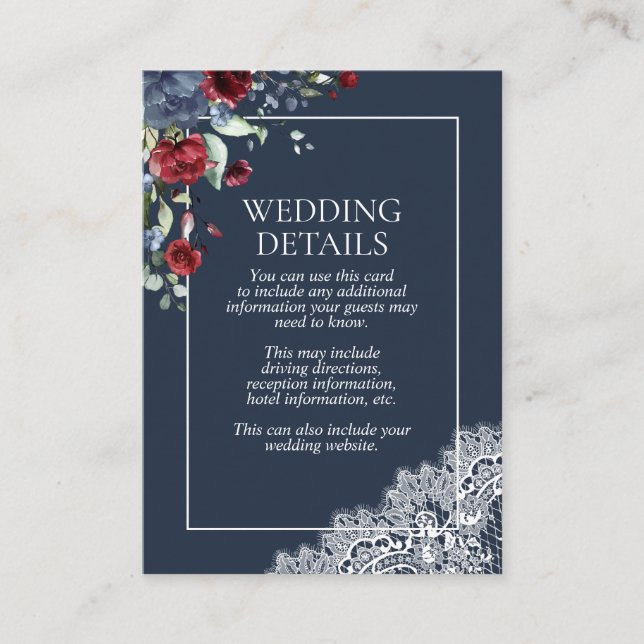 Elegant Navy Blue Burgundy Botanical Lace Details Enclosure Card (Front)