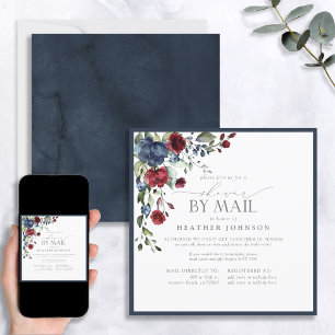 Elegant Navy Blue Burgundy Botanical Shower Mail Invitation