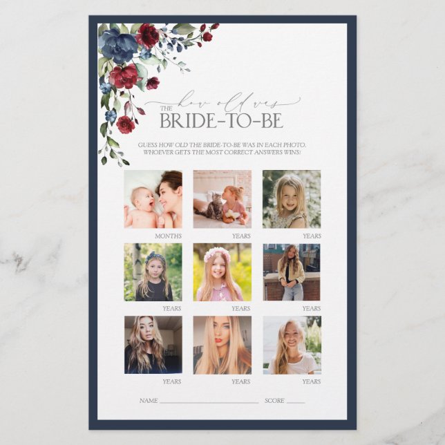 Elegant Navy Blue Burgundy Bridal Shower Game (Front)