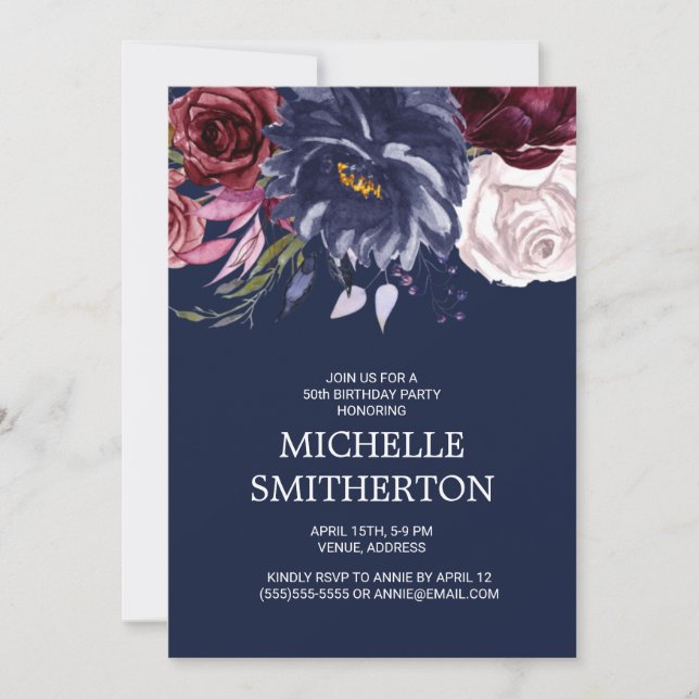 Elegant Navy Blue Burgundy Floral 50th Birthday Invitation (Front)