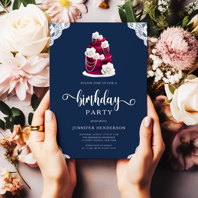 Elegant Navy Blue Burgundy Floral Birthday Invitation (Elegant Navy Blue Burgundy Floral Birthday Invitation)
