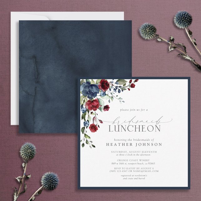 Elegant Navy Blue Burgundy Floral Bridal Luncheon Invitation (Creator Uploaded)