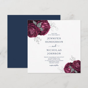 Elegant Navy Blue Burgundy Floral Peonies Wedding Invitation