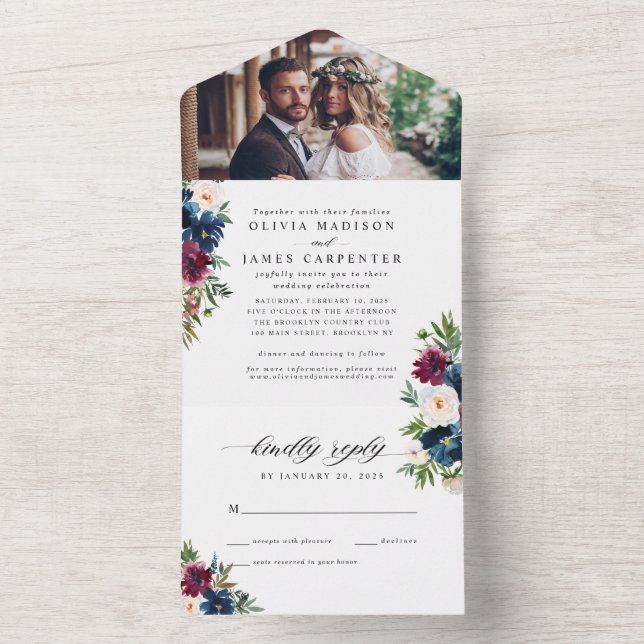 Elegant Navy Blue Burgundy Floral Photo Wedding All In One Invitation (Inside)