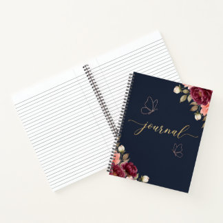 Elegant Navy Blue Burgundy Floral Watercolor Journ Notebook