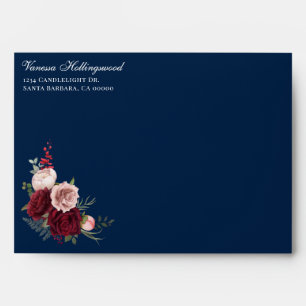 Elegant Navy Blue Burgundy Floral Wedding Envelope