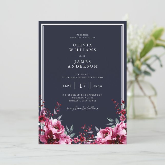 Elegant Navy Blue Burgundy Floral Wedding Invitation (Standing Front)