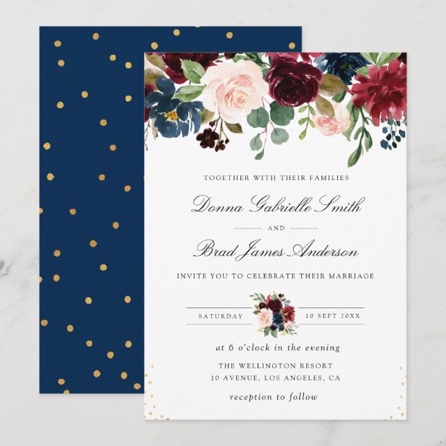 Elegant navy blue & burgundy floral wedding invitation (Front/Back)