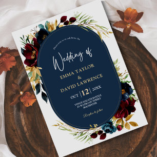 Elegant Navy blue burgundy floral wedding Thank You Card