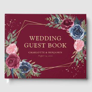 Elegant Navy Blue Burgundy Gold Geometric Wedding Guest Book