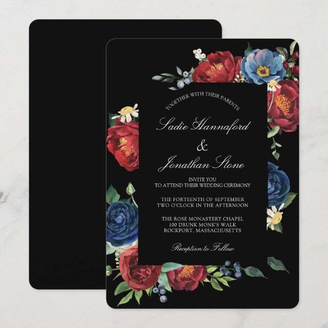 Elegant Navy Blue Burgundy Red Floral Wedding Invitation (Front/Back)