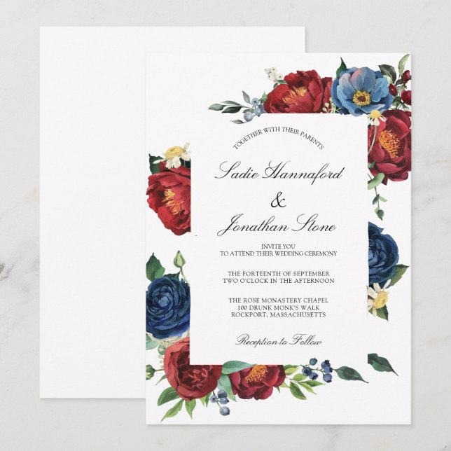 Elegant Navy Blue Burgundy Red Floral Wedding Invitation (Front/Back)