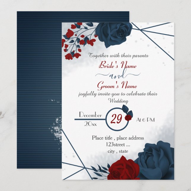 elegant navy blue & burgundy red flowers wedding invitation (Front/Back)