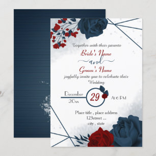 elegant navy blue & burgundy red flowers wedding invitation