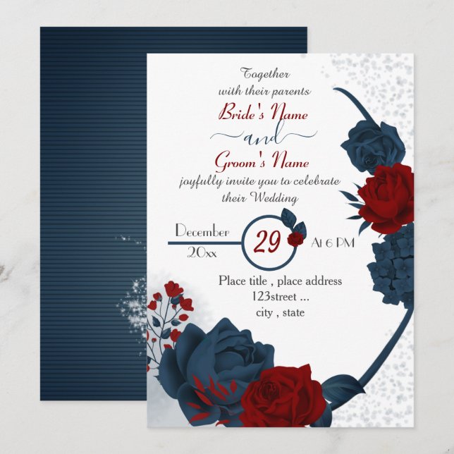 elegant navy blue & burgundy red flowers wedding invitation (Front/Back)