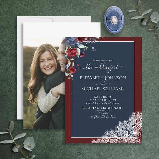 Elegant Navy Blue Burgundy Script Photo Wedding  Invitation (Creator Uploaded)