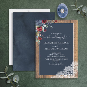 Elegant Navy Blue Burgundy Wood Script Wedding Invitation
