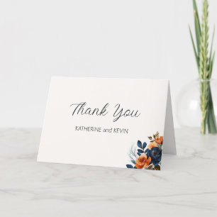 Elegant Navy Blue Burnt Orange Watercolor Floral Thank You Card
