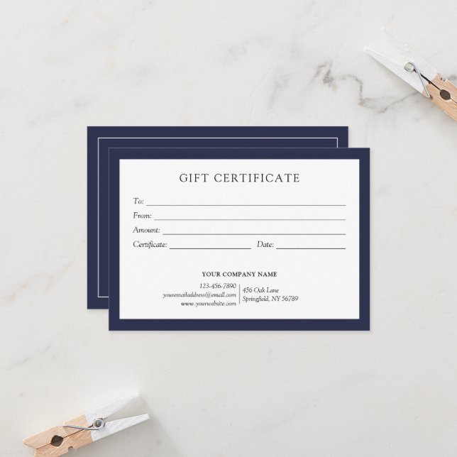 Elegant Navy Blue Business Gift Certificate Logo (Front/Back In Situ)
