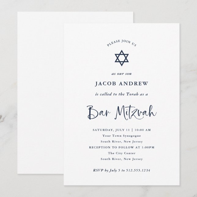 Elegant Navy Blue Calligraphy | Bar Mitzvah Invitation (Front/Back)