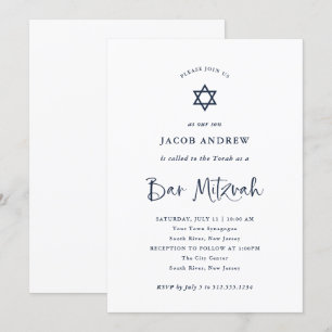 Elegant Navy Blue Calligraphy   Bar Mitzvah Invitation