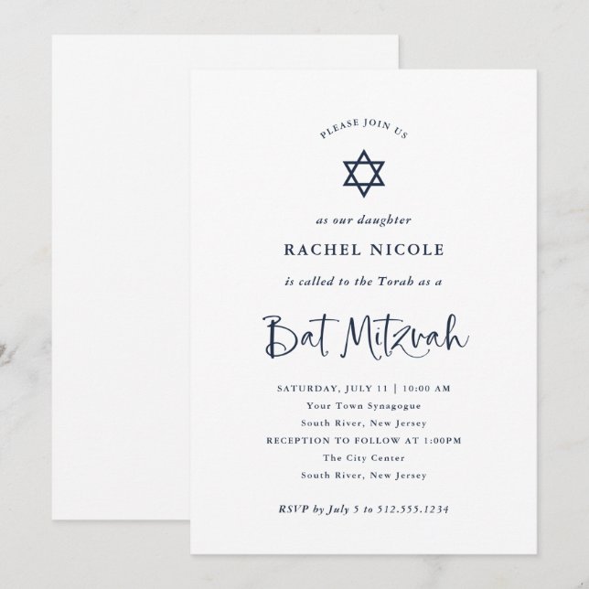 Elegant Navy Blue Calligraphy | Bat Mitzvah Invitation (Front/Back)