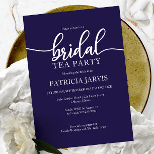 Elegant Navy Blue Calligraphy Bridal Tea Party Invitation
