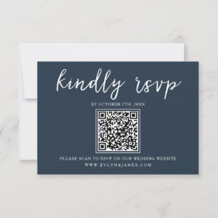 Elegant Navy Blue Calligraphy QR Code Wedding RSVP Card