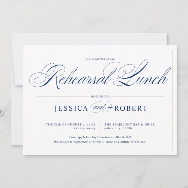 Elegant Navy Blue Calligraphy Rehearsal Lunch Invitation (Front)