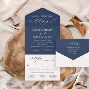 Elegant Navy Blue Calligraphy Script Wedding All In One Invitation