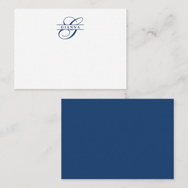 Elegant Navy Blue Calligraphy Split Monogram Card (Front/Back)