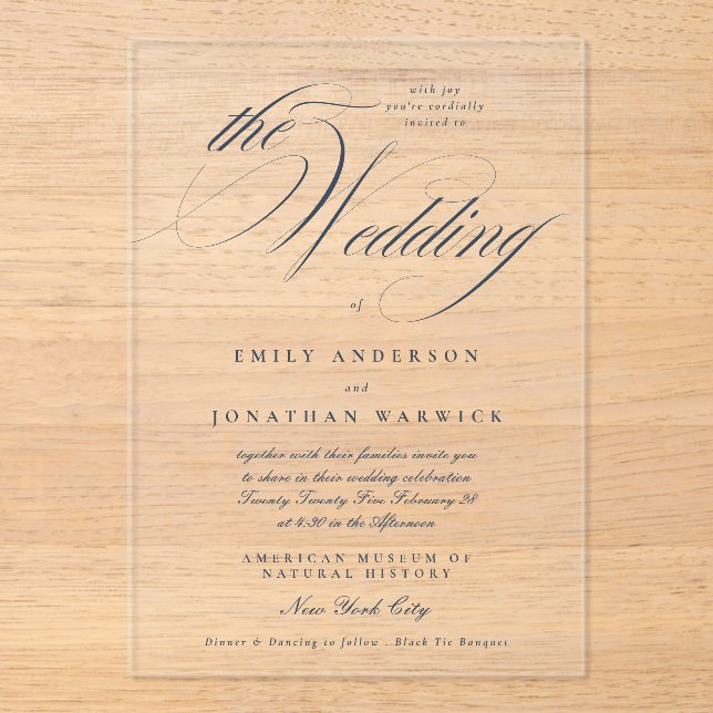 Elegant Navy Blue Calligraphy The Wedding Acrylic Invitations (Front)
