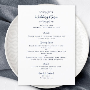 Elegant Navy Blue Calligraphy Wedding Dinner Menu