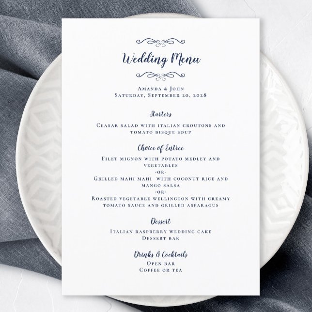Elegant Navy Blue Calligraphy Wedding Dinner Menu (Elegant Wedding Calligraphy Chic Navy Blue Dinner Menu)