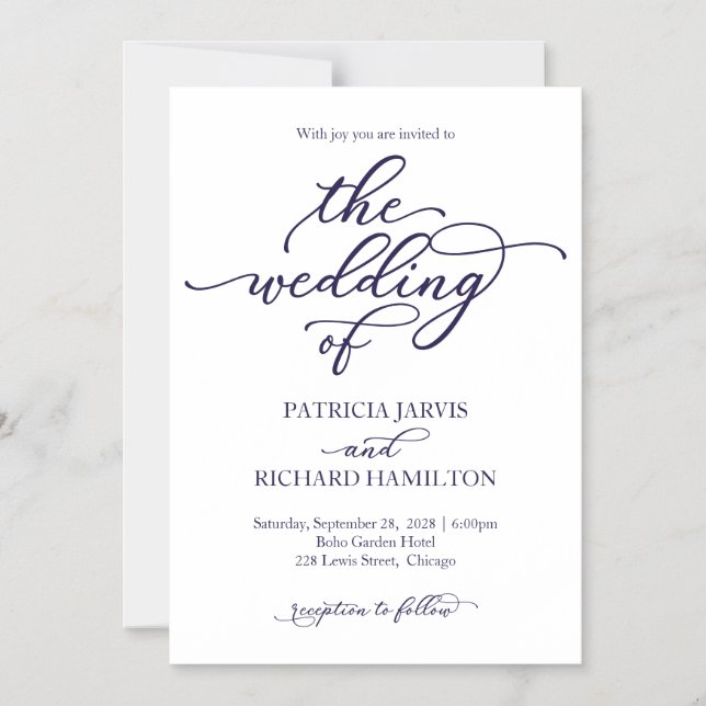 Elegant Navy Blue Calligraphy Wedding Invitation (Front)