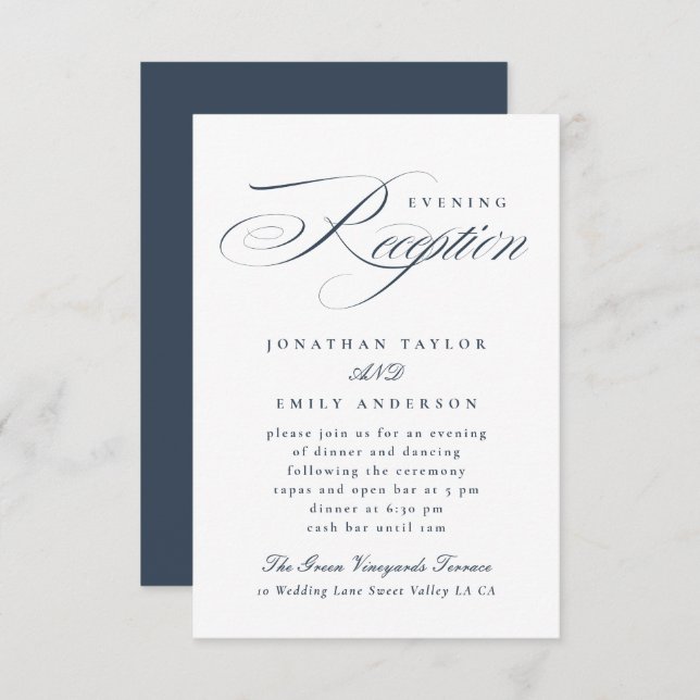Elegant Navy Blue Calligraphy Wedding Reception Enclosure Card (Front/Back)