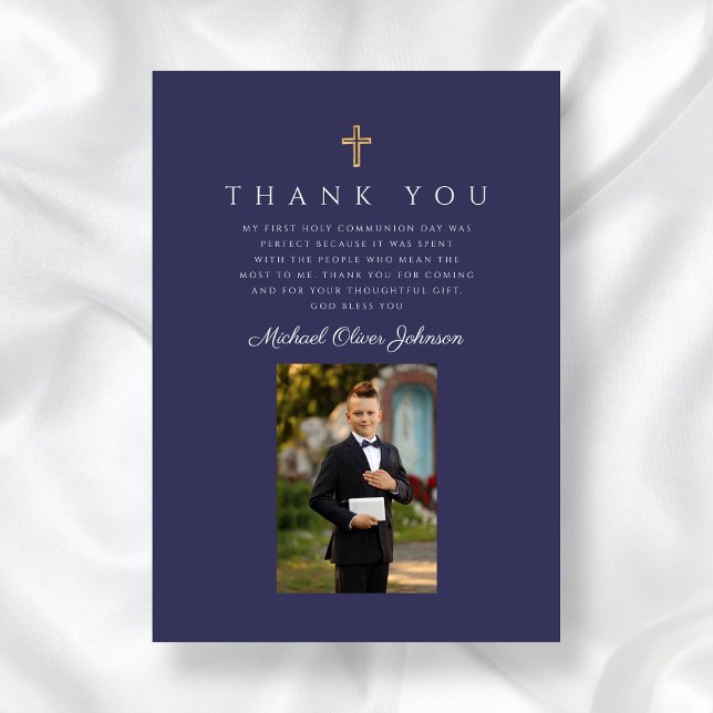 Elegant Navy Blue Catholic Boy First Communion Thank You Card (Elegant Navy Blue Catholic Boy First Communion Thank You Card)