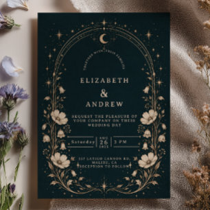 Elegant Navy Blue Celestial Art Nouveau Wedding Invitation