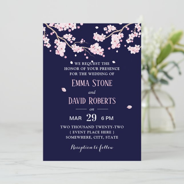 Elegant Navy Blue Cherry Blossom Wedding Invitation (Standing Front)