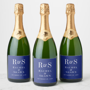 Elegant Navy Blue Chic Modern Monogram Wedding Sparkling Wine Label