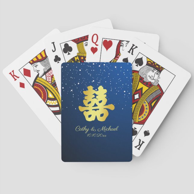 Elegant navy blue Chinese wedding snowflake Playing Cards (Back)
