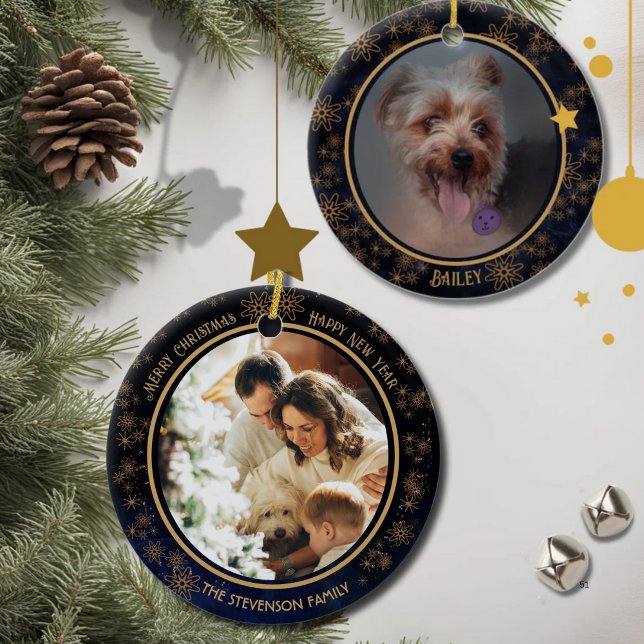 Elegant Navy Blue Christmas 2 Photo Ceramic Tree Decoration (Elegant Navy Blue Christmas 2 Photo Ceramic Ornament)