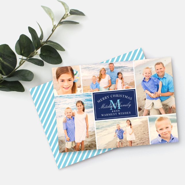 Elegant Navy Blue Christmas Monogram Photo Collage Holiday Card (Creator Uploaded)