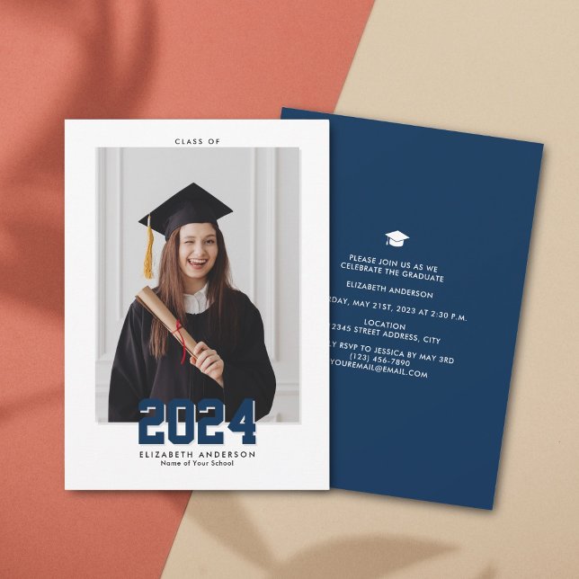 Elegant Navy Blue Class of 2024 Graduation Photo Announcement (Creator Uploaded)