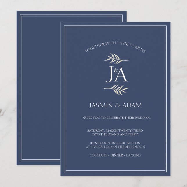 Elegant Navy Blue Classic Initials Wedding  Invitation (Front/Back)