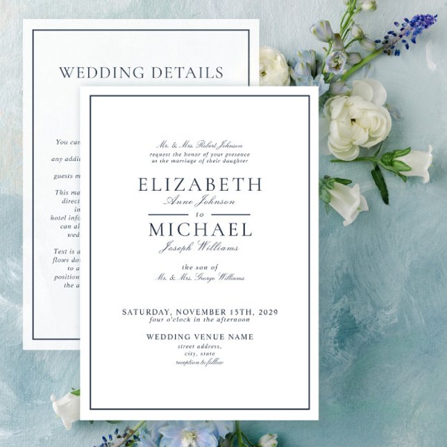 Elegant Navy Blue Classic Script Details Wedding Invitation (Creator Uploaded)