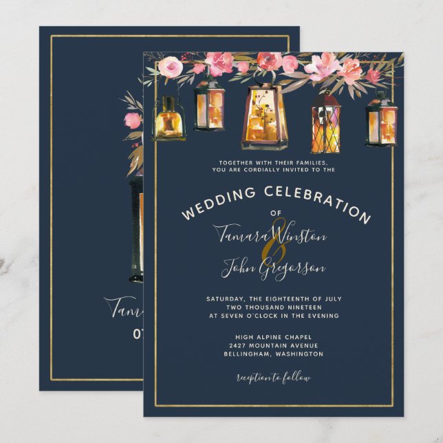 Elegant Navy Blue Coral Floral Gold Lights Invitation (Front/Back)