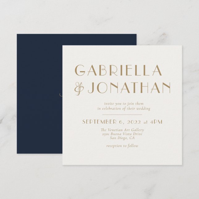 Elegant Navy Blue Cream Gold Wedding Invitation (Front/Back)